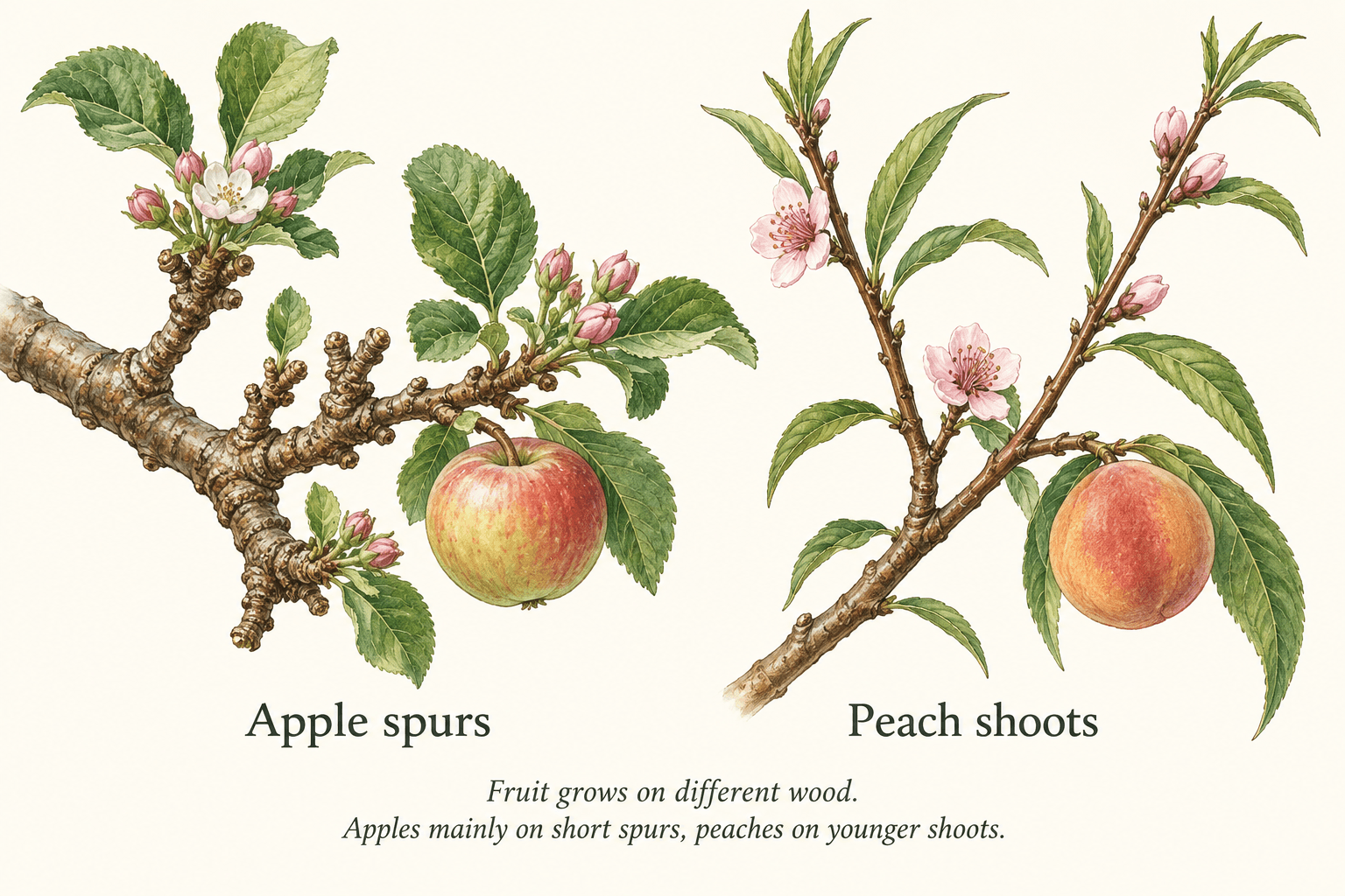 Botanical illustration comparing short apple fruiting spurs with younger peach fruiting shoots.