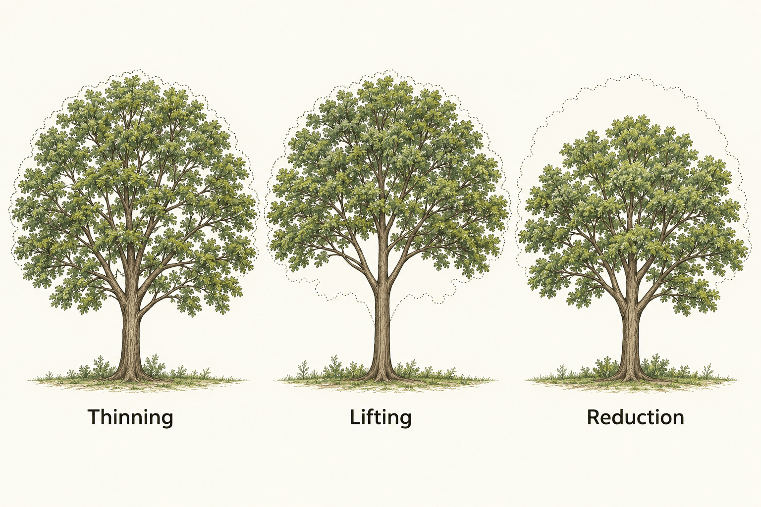 Illustration comparing crown thinning, lower-branch lifting and reduction in canopy size.