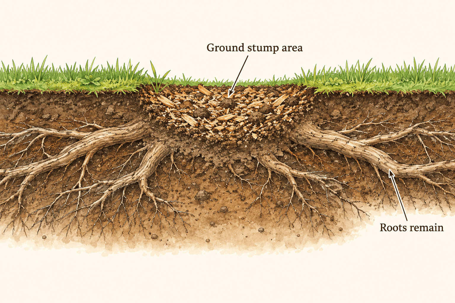 Cross-section illustration showing roots remaining beyond a stump area filled with grindings.