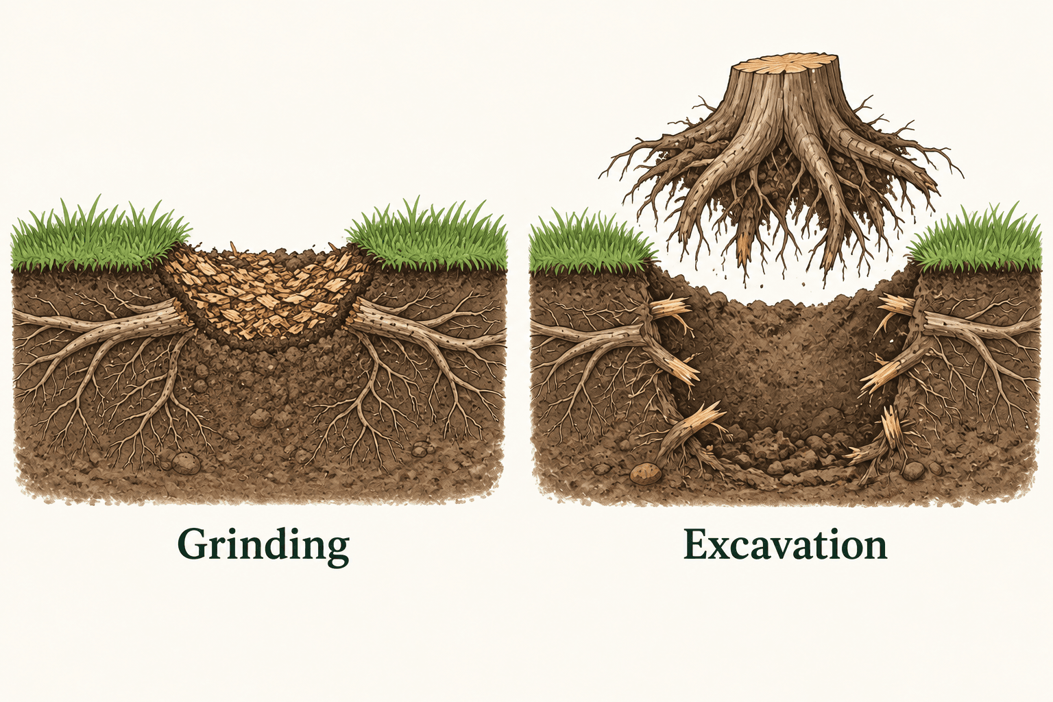 Cross-section illustration comparing a ground-out stump area with excavation of the stump and root crown.
