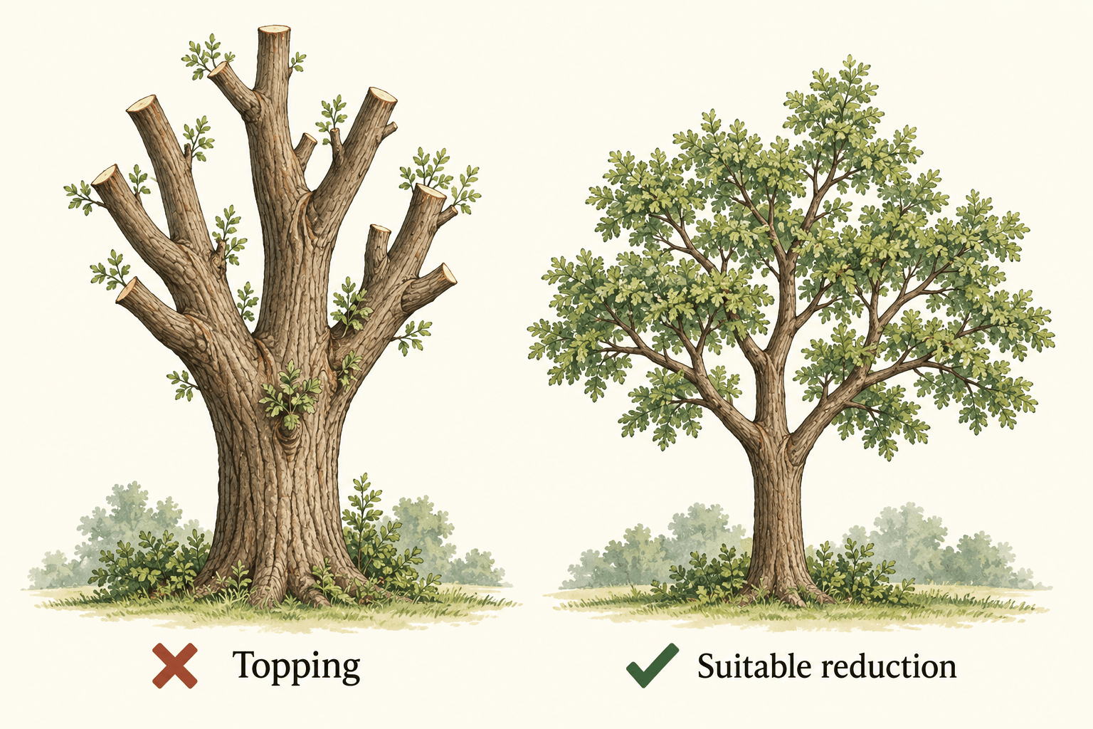 Illustration comparing a topped tree with blunt stubs and a tree retaining a natural canopy after suitable reduction.