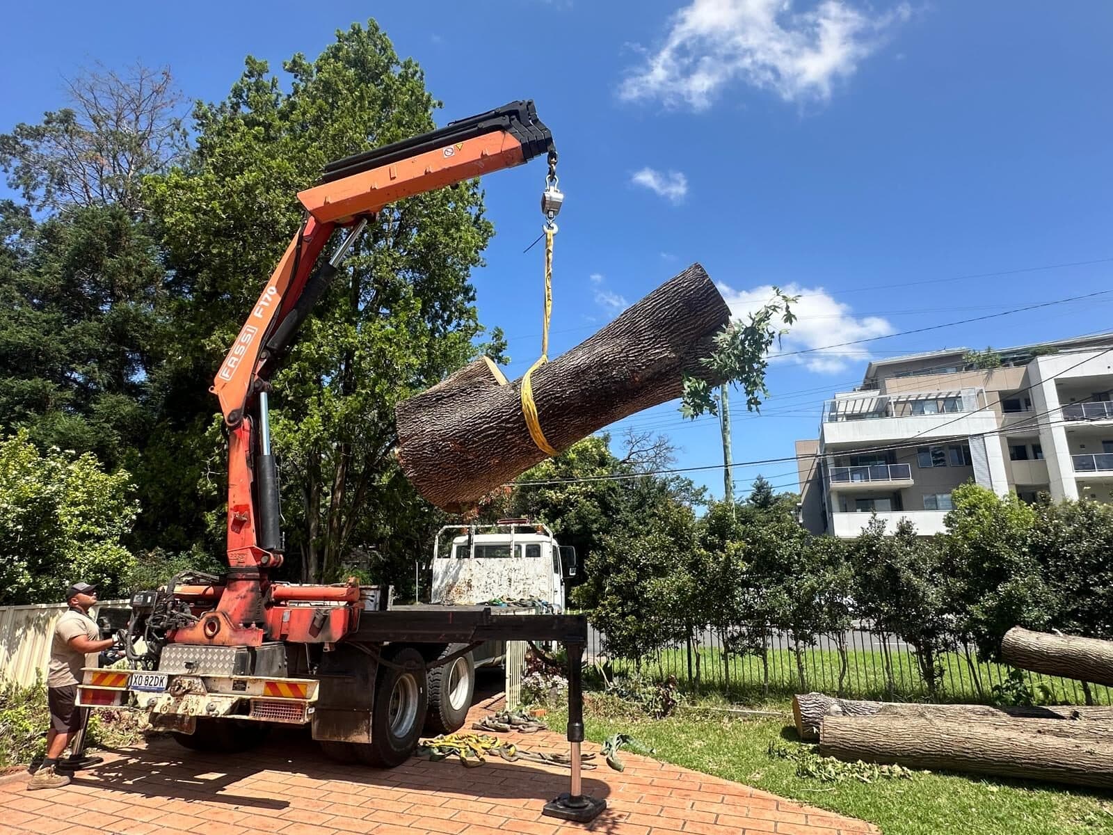 Truck-mounted crane lifting a cut trunk section.