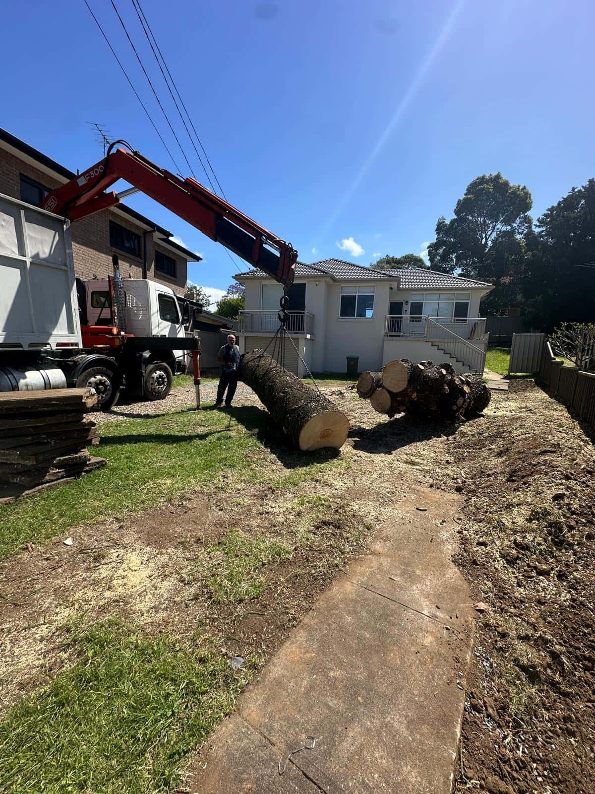 Truck-mounted crane handling a large cut trunk section beside the remaining timber in Bankstown.